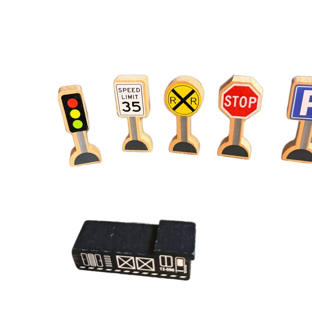 Wooden Road Signs and Vehicle Play Set 9 Piece Montessori Toy Train Accessories